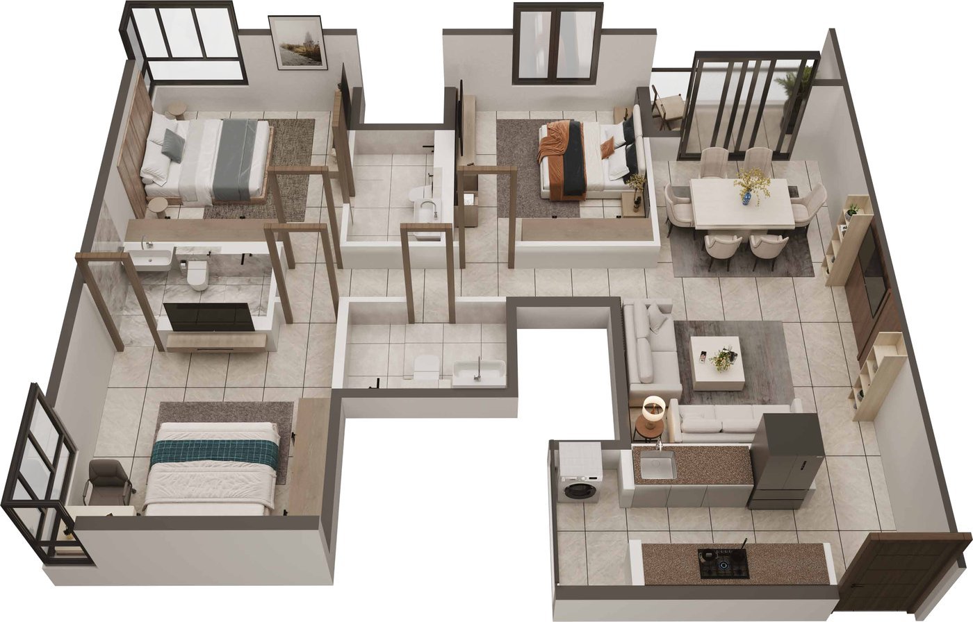 Illustrative unit plan of 3 BHK + 3 Toilets, 1442 sq ft saleable area