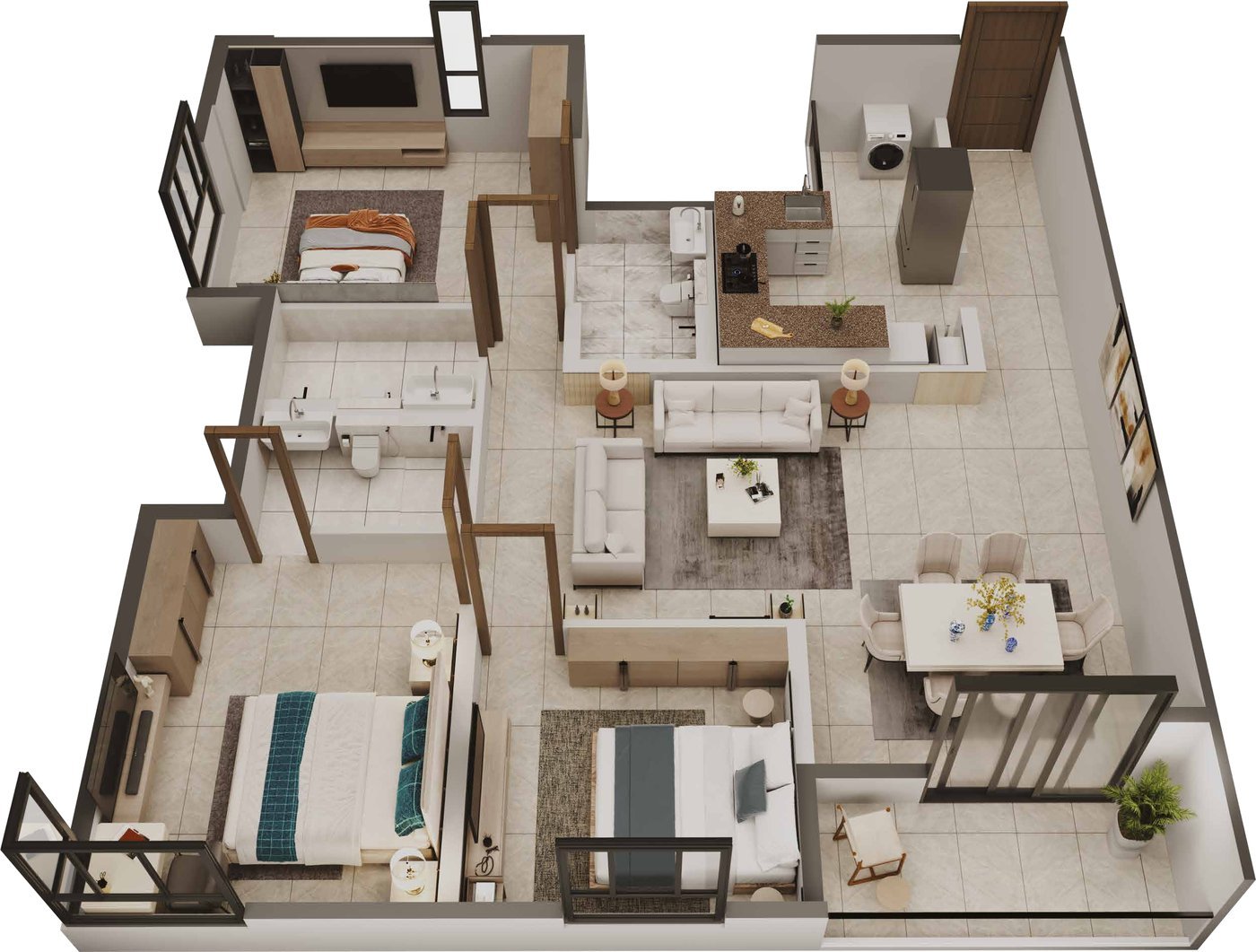 Illustrative 3D unit plan of 3 BHK + 3 Toilets