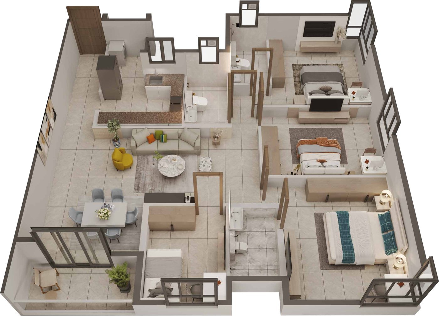 Illustrative unit plan of 3 BHK + Study + 3 Toilets, 1820 sq ft saleable area